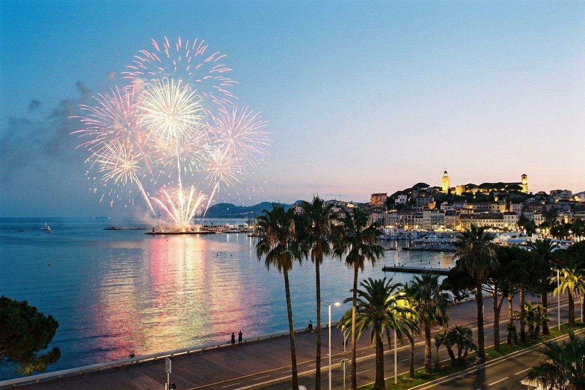 Fireworks bursting over the Bay of Cannes at dusk, seen from the palm-lined La Croisette with the lit Le Suquet hill on the right
