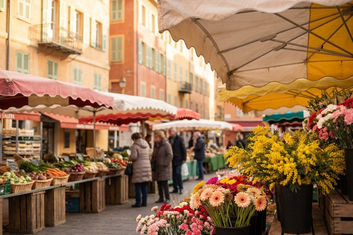 Striped market awnings over flower stalls on the Cours Saleya in Nice's old town, morning light on ochre facades behind