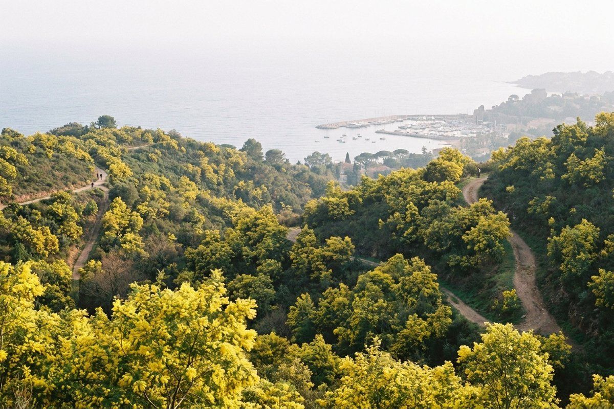 Yellow mimosa trees in bloom across the wooded Tanneron hills above Mandelieu-la-Napoule, with the Mediterranean and a small harbour visible in the distance