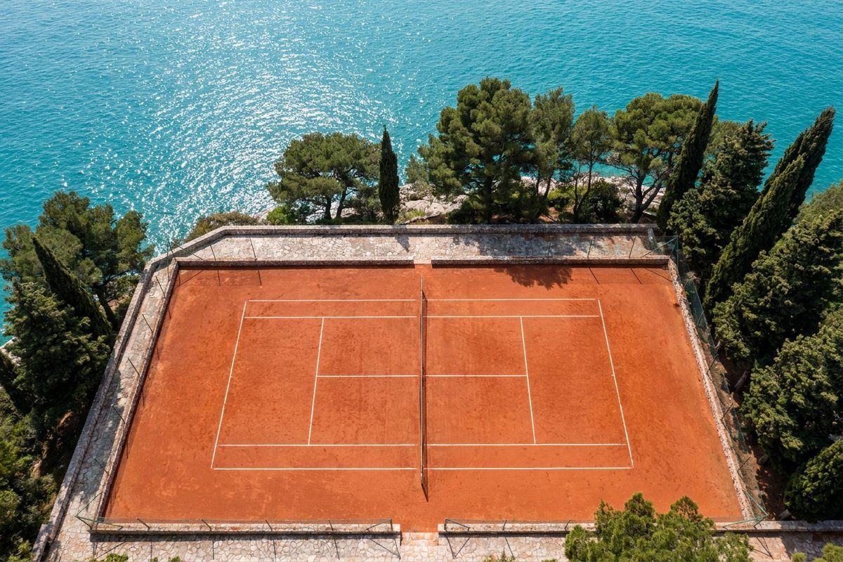 An aerial view straight down onto an empty red clay tennis court on a clifftop terrace above the Mediterranean, no players visible