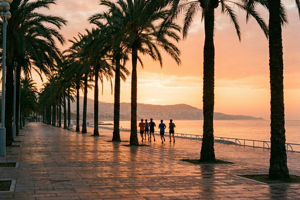Runners seen from behind, silhouetted at a distance along the Promenade des Anglais in Nice at sunrise, palm trees lining the seafront