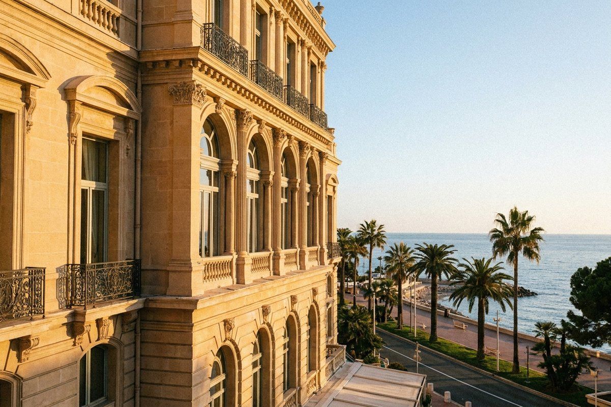 The golden-lit facade of a Belle Époque building overlooking a palm-lined seafront promenade in Monaco at sunset