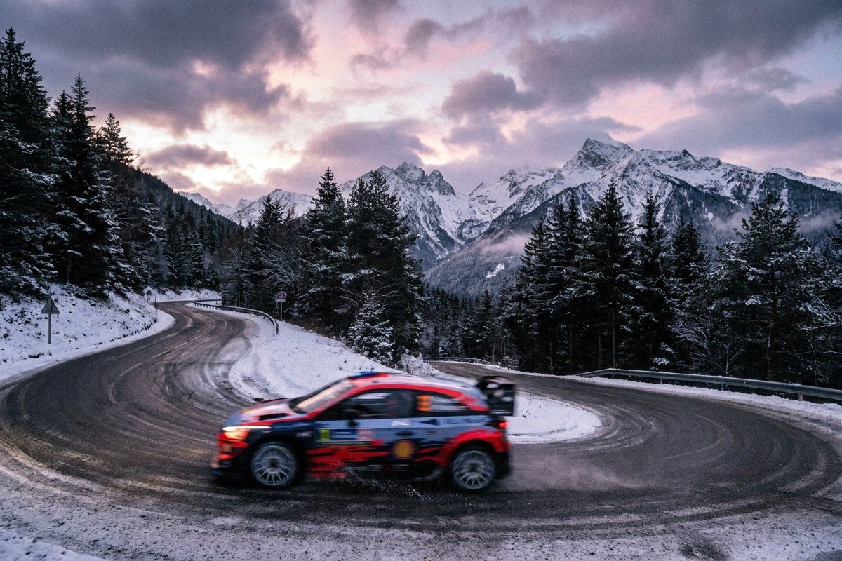 A rally car blurred with motion rounding a snowy mountain hairpin at dawn in the Alps, no visible sponsor markings