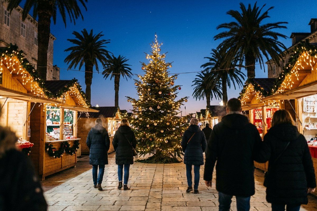 A Mediterranean Christmas market at dusk, strings of warm lights over wooden chalets, palm trees silhouetted against the evening sky