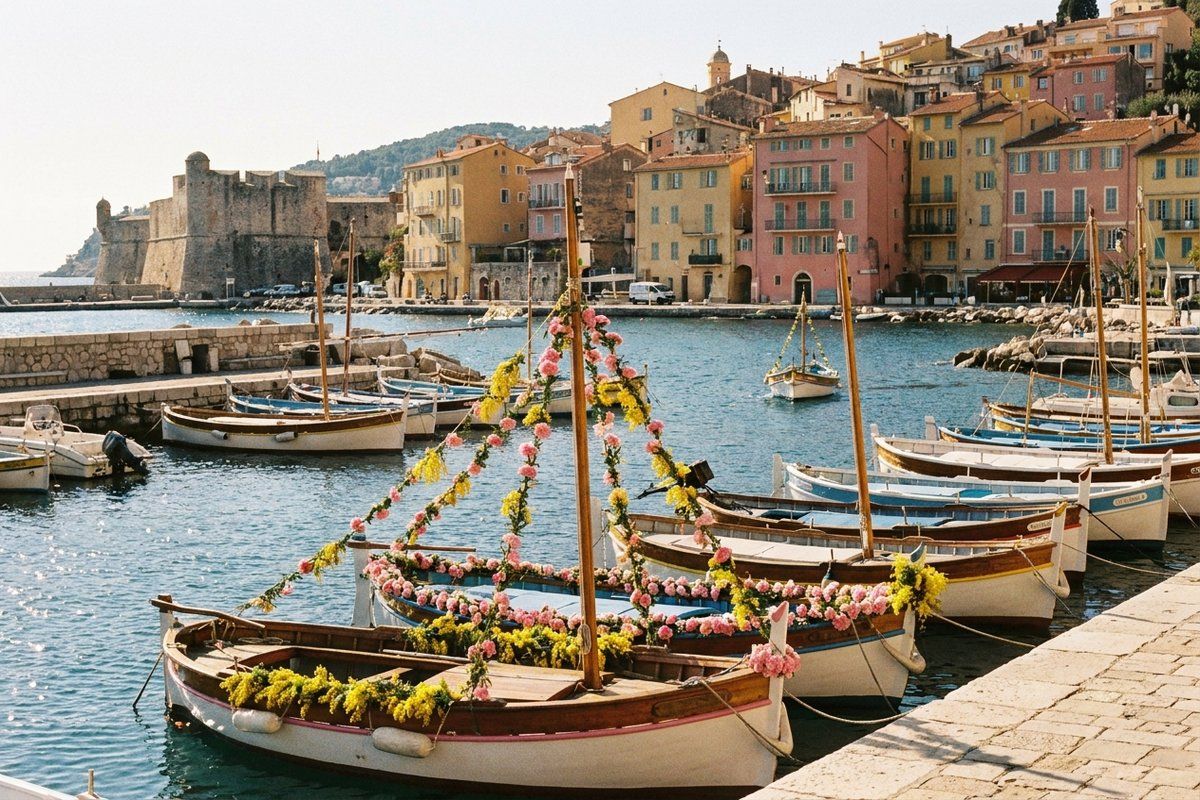 Traditional wooden pointu fishing boats garlanded with pink carnations and yellow mimosa in Villefranche-sur-Mer harbour, with the pastel old-town houses and the citadel ramparts behind