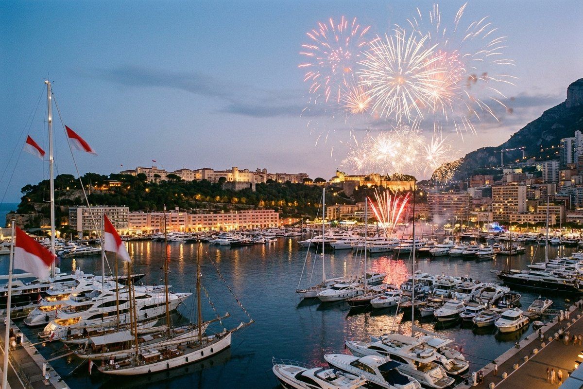 Fireworks over Port Hercule at dusk, with moored boats, red and white flags and the Rock of Monaco and its palace in the background