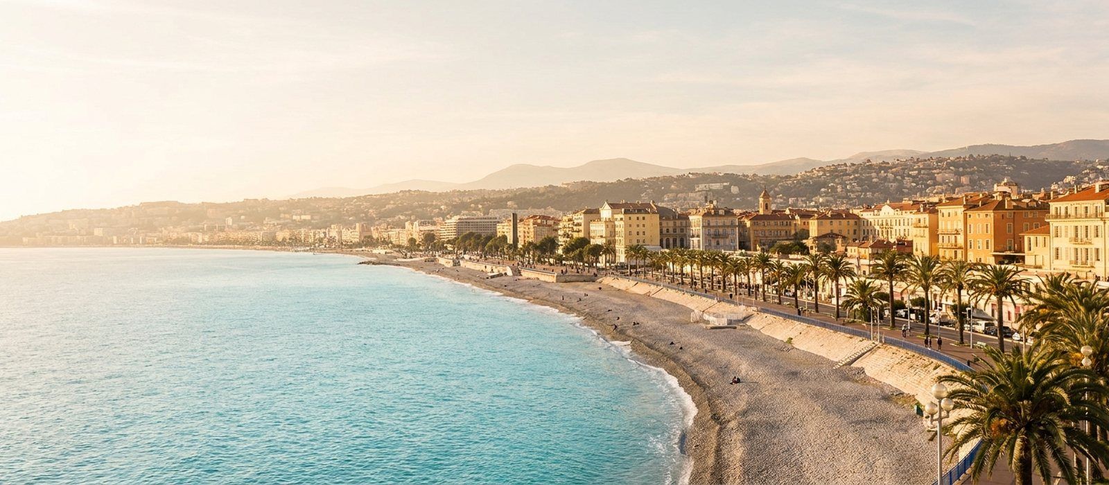 The Baie des Anges and the Promenade des Anglais in Nice at golden hour