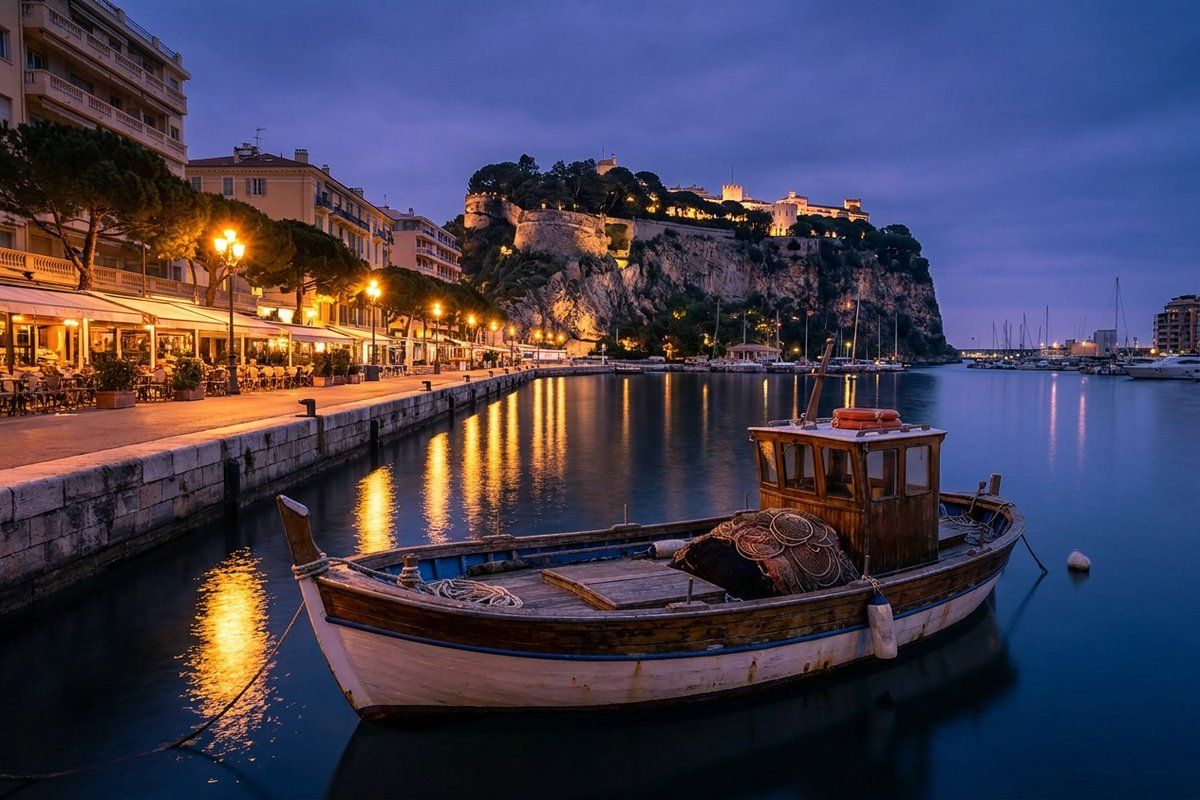 A traditional wooden fishing boat moored at dusk in Monaco's Port Hercule, with the lit Rock and palace behind and warm quayside lights reflected in the water