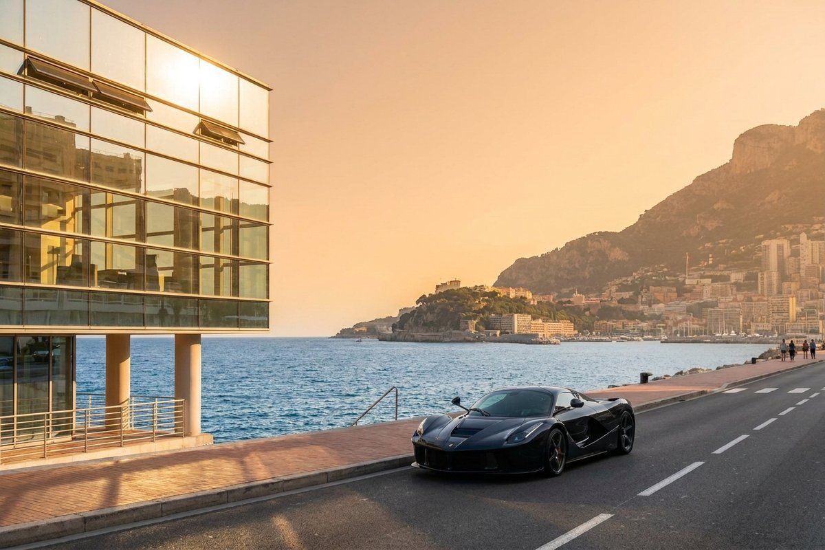 The Monaco seafront and Grimaldi Forum in warm afternoon light, with a dark supercar parked on the road and the Rock of Monaco across the bay