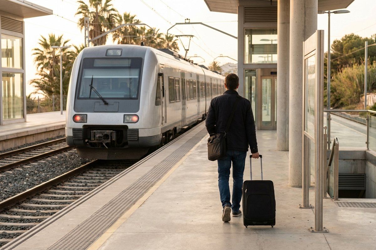 An early-morning TER regional train at a Riviera coastal platform, Mediterranean light and a delegate with a wheeled bag waiting to board